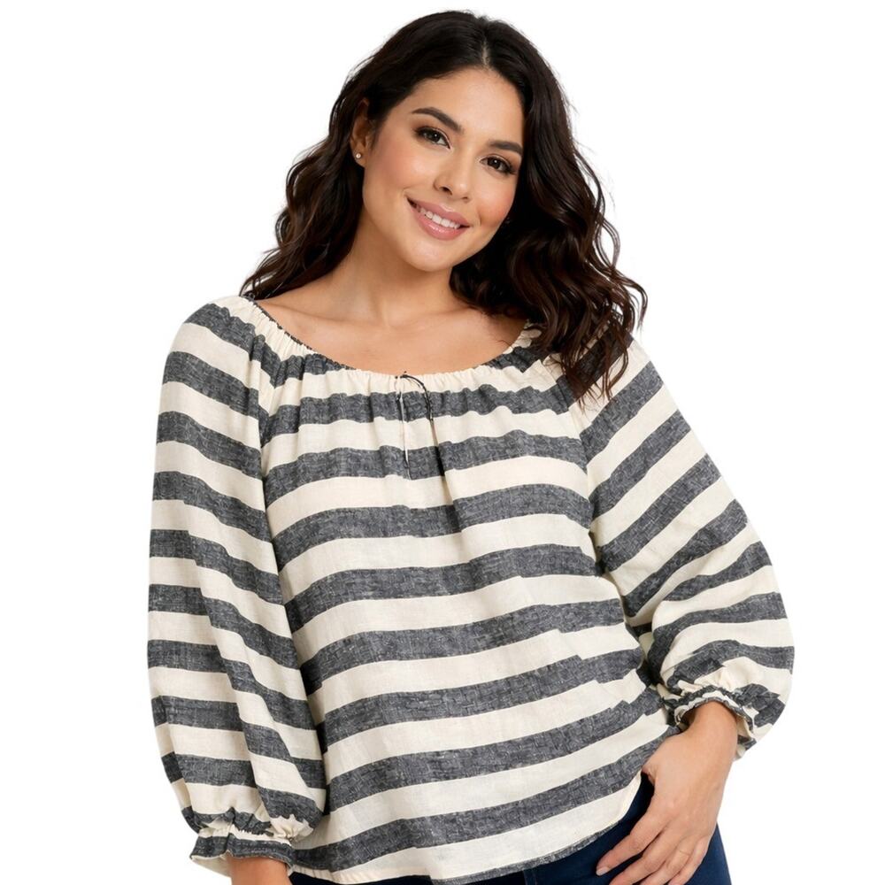 Who What Wear Blouse Womens Large White Striped Off Shoulder Balloon Sleeve